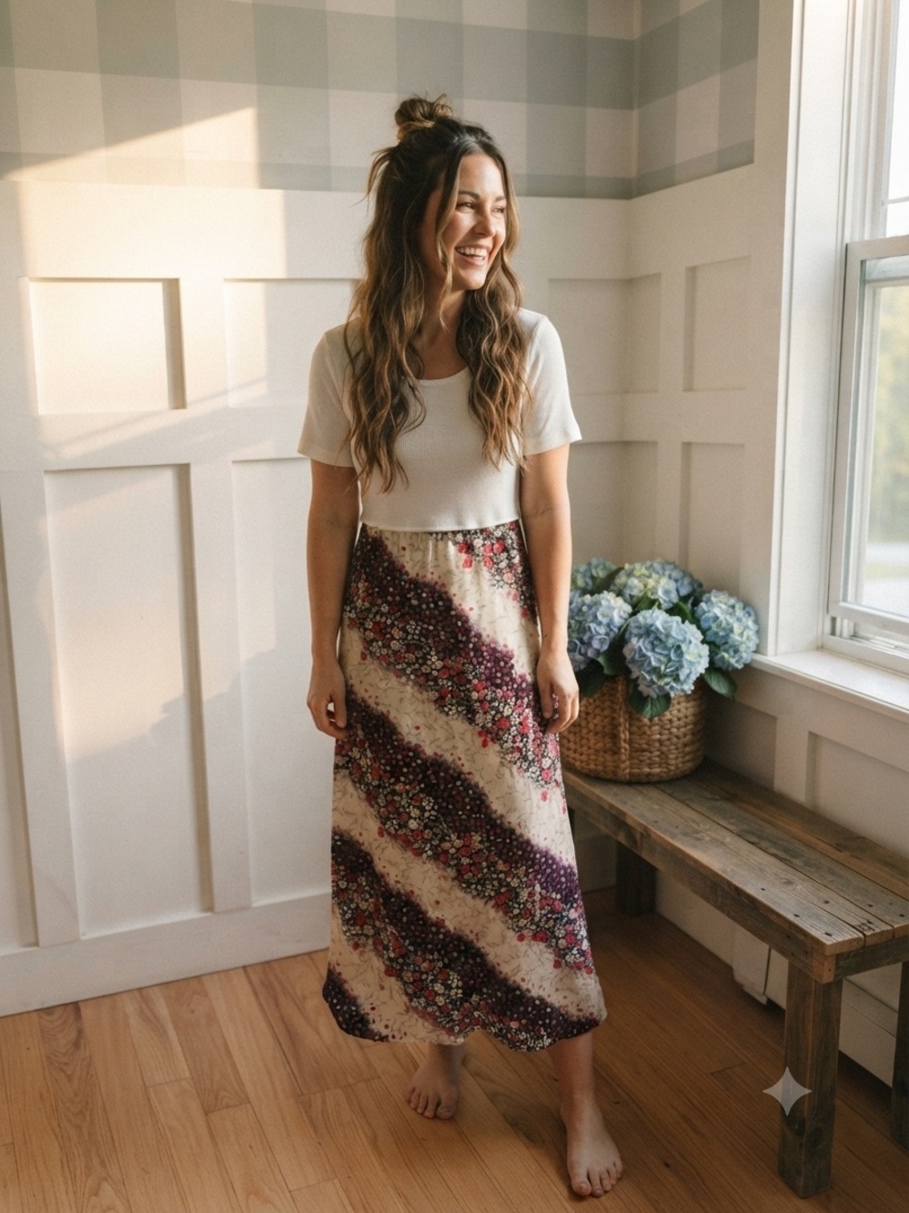 Bobbie Brooks Vintage Cream Midi Skirt with Purple and Pink Floral Medium